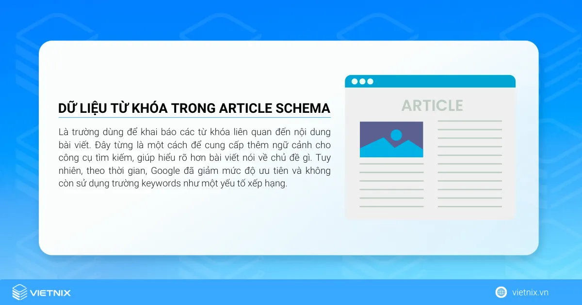Dữ liệu từ khóa trong Article Schema là trường dùng để khai báo các từ khóa liên quan đến nội dung bài viết