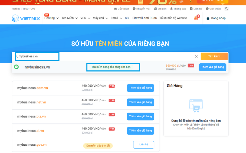 Kết quả sẽ hiển thị ngay, cho biết tên miền còn trống hay đã được đăng ký Kết quả sẽ hiển thị ngay, cho biết tên miền còn trống hay đã được đăng ký