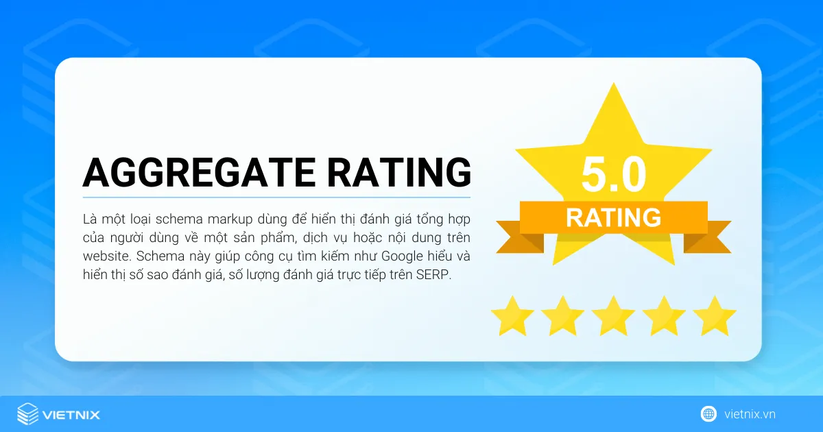 Aggregate Rating là một loại schema markup dùng để hiển thị đánh giá tổng hợp của người dùng về một sản phẩm hoặc dịch vụ