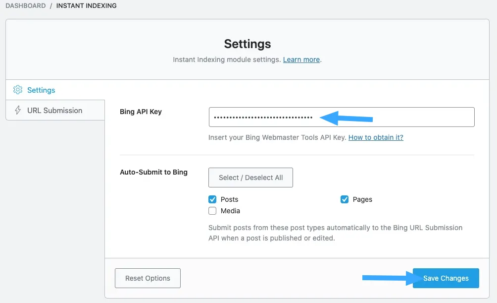 Cấu hình khóa API Bing trong cài đặt Instant Indexing