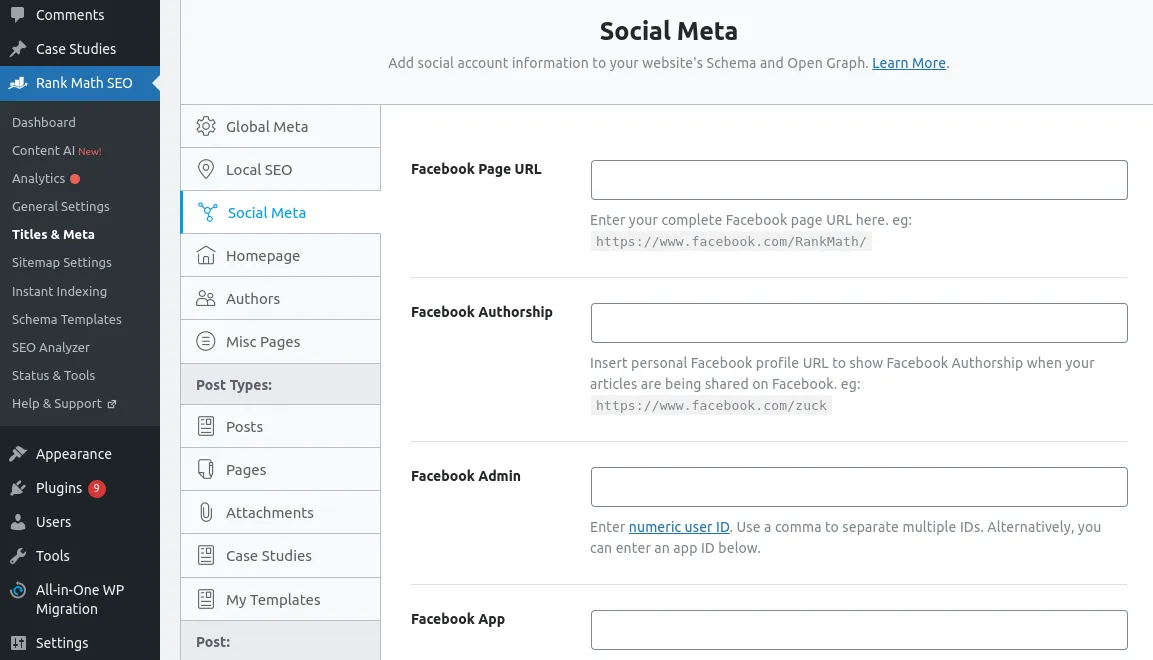 Cấu hình Social Meta Settings