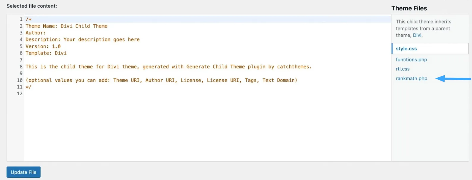 Chọn file rank-math.php của theme