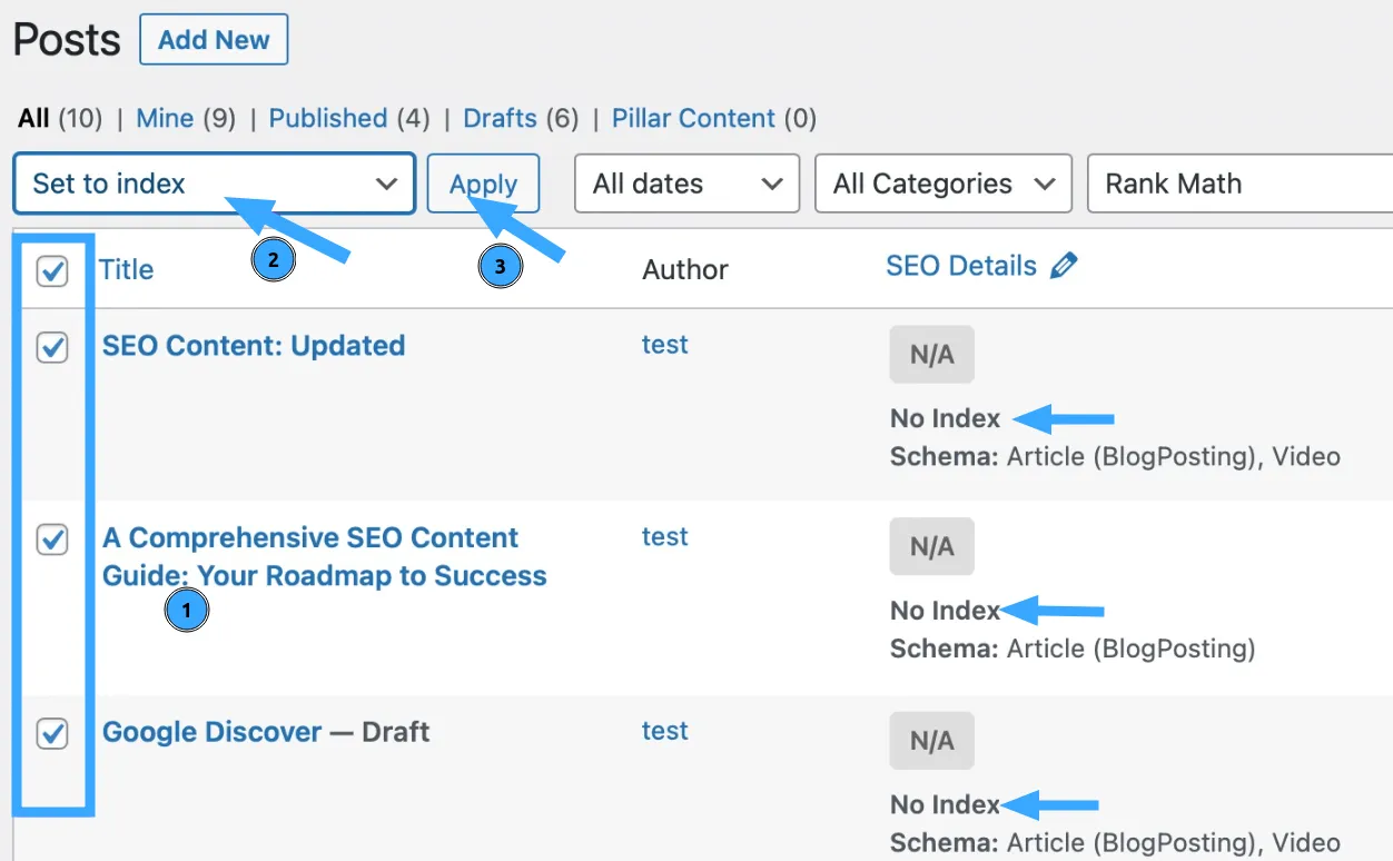 Set to Index từ menu Bulk Actions