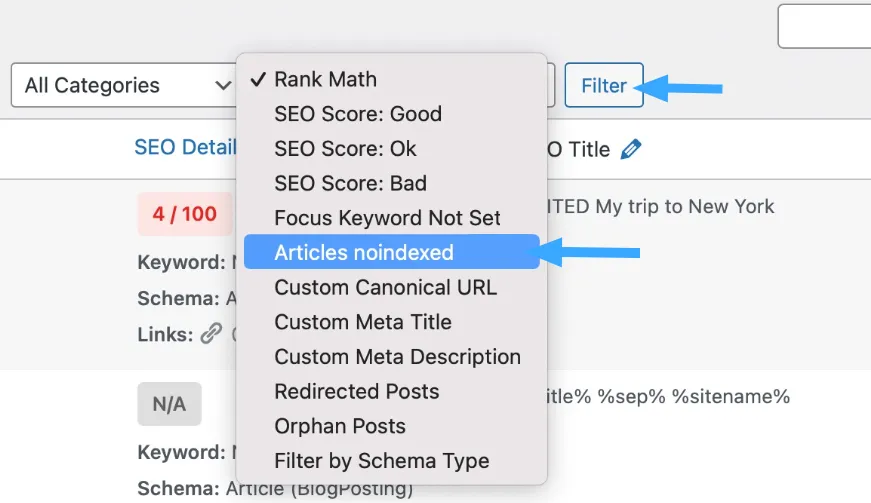 Xóa NoIndex bằng Bulk Actions