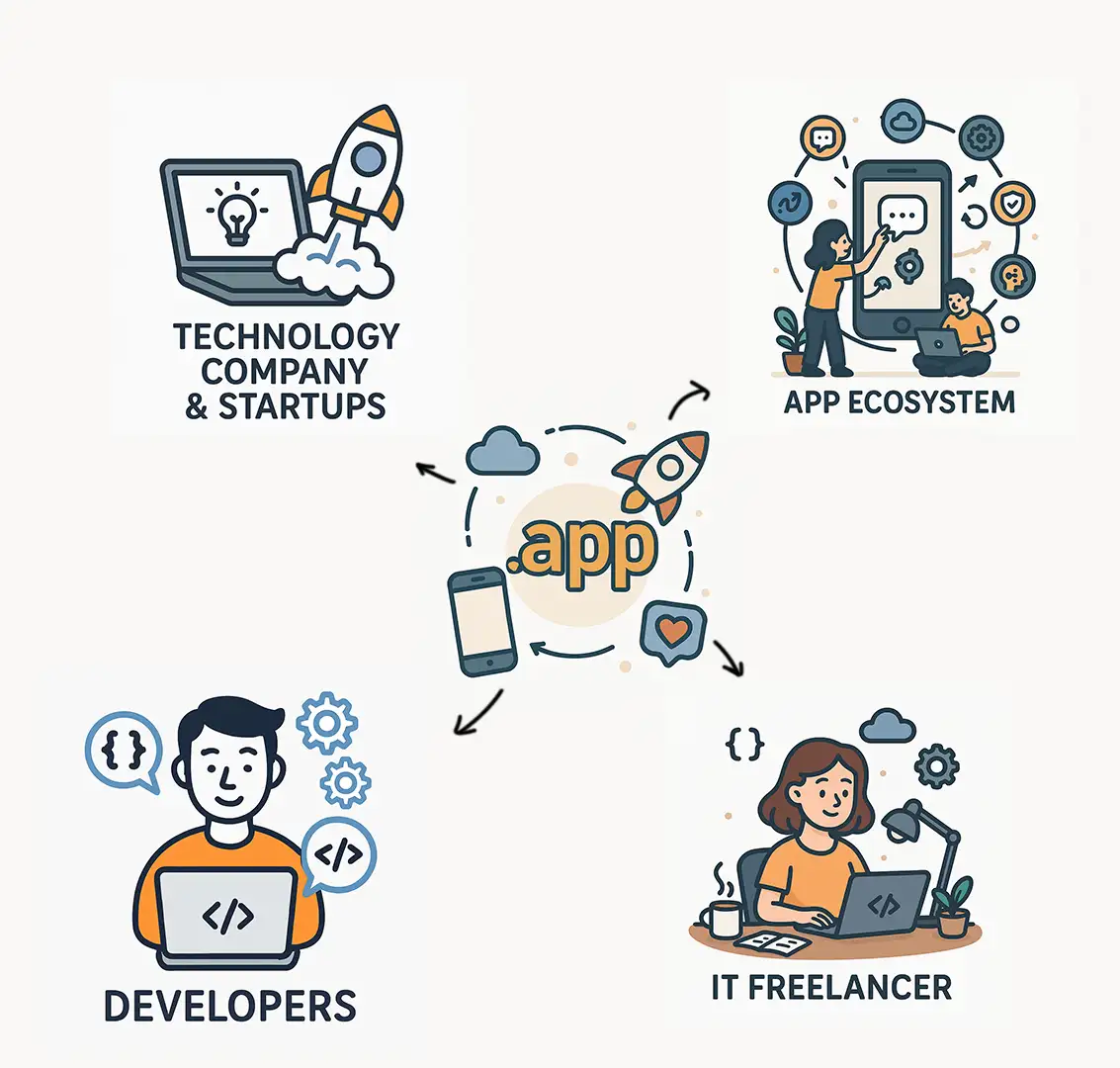 Tên miền .app được khuyến khích dùng cho các đối tượng làm về lĩnh vực công nghệ thông tin.