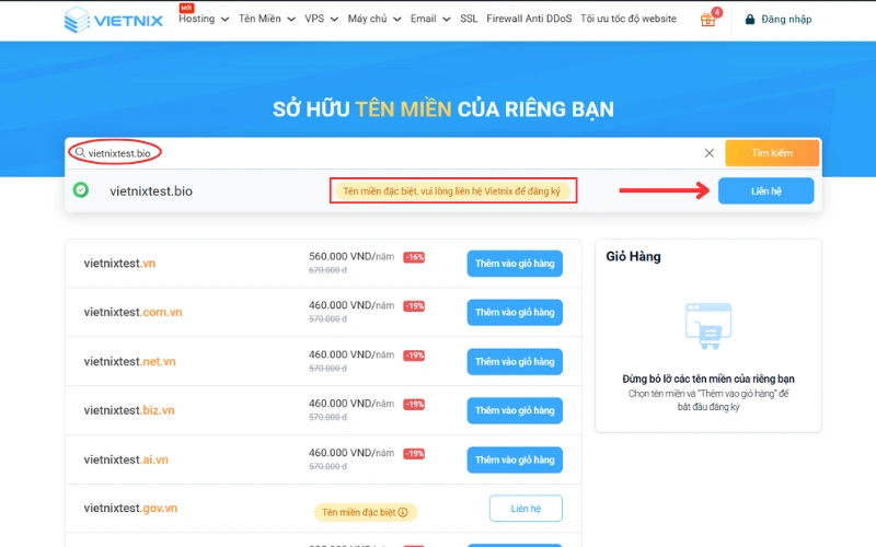 Lựa chọn tên miền muốn đăng ký
