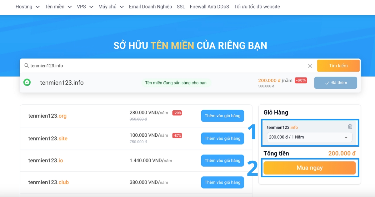 Bạn lựa chọn thời gian gia hạn mong muốn, kiểm tra lại chi phí tương ứng rồi nhấn nút Mua ngay.