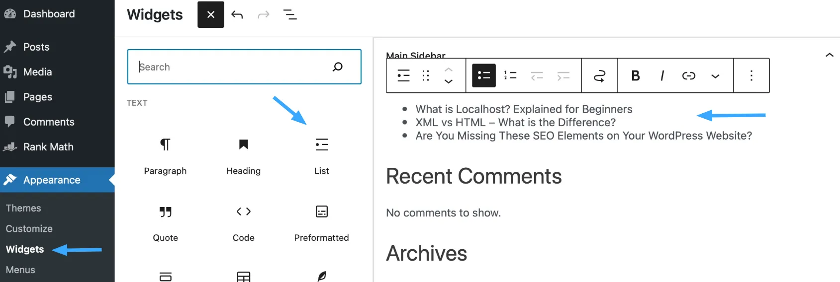 Kéo và thả tiện ích List vào khu vực sidebar