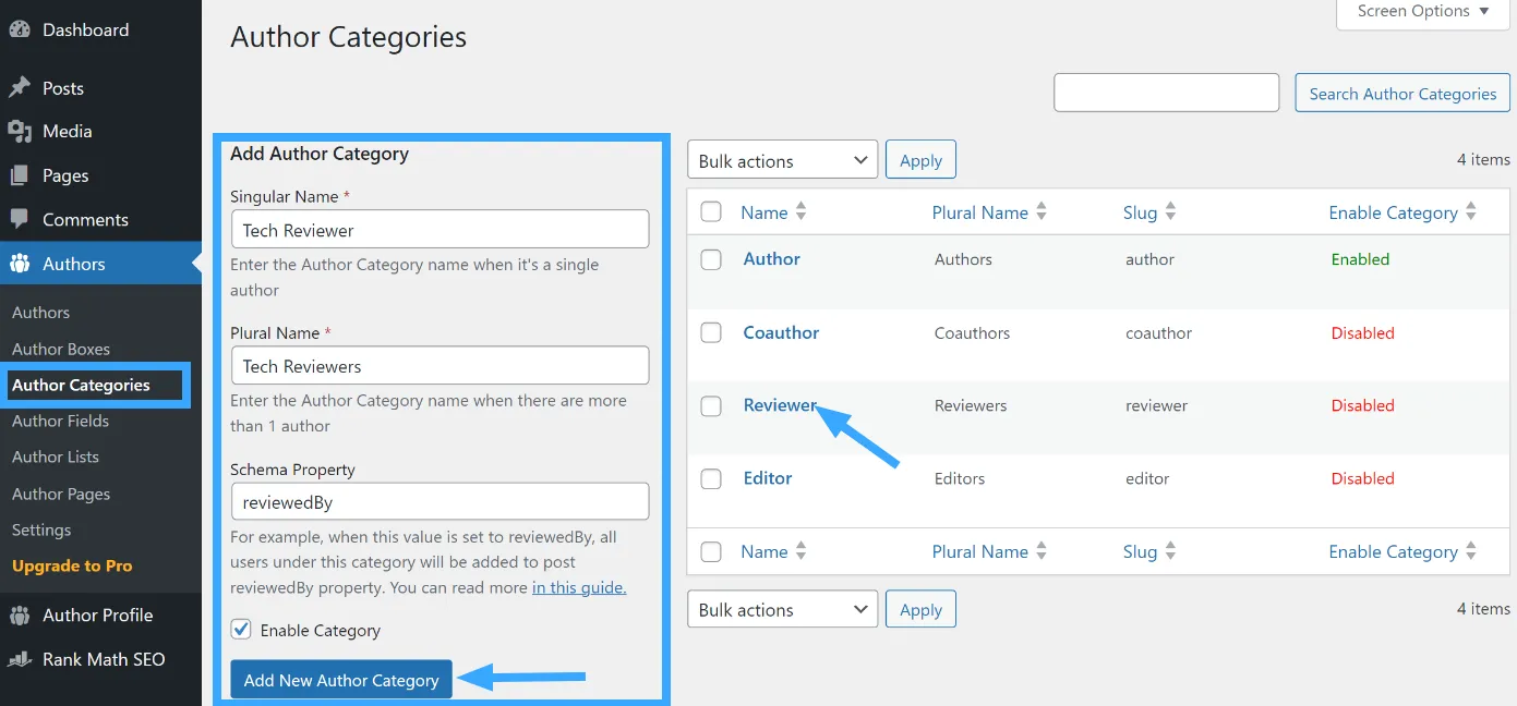 Nhấn Add New Author Category để lưu lại