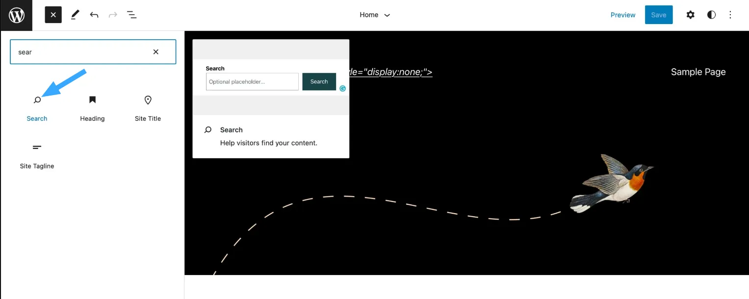 Thêm thanh tìm kiếm vào menu thông qua Site Editor