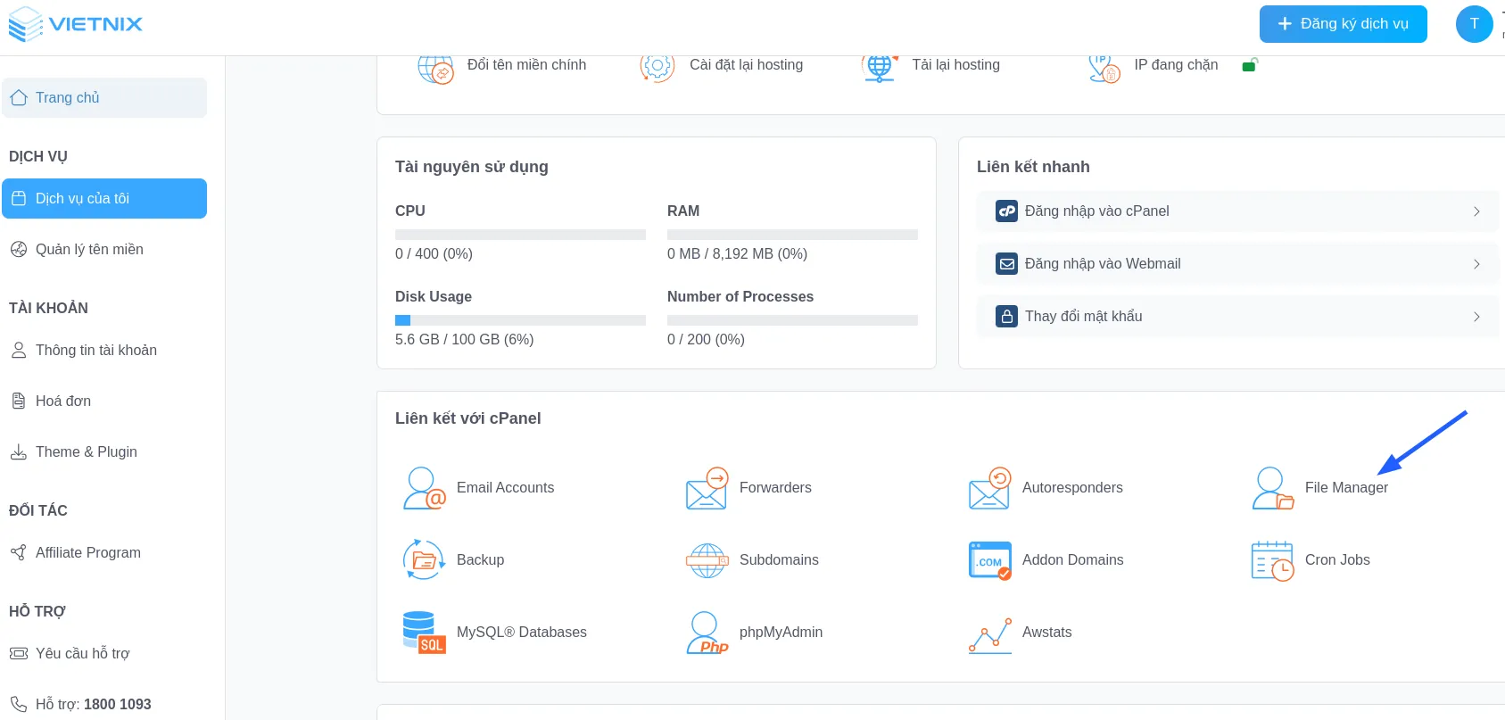 Truy cập vào File Manager từ hosting Vietnix