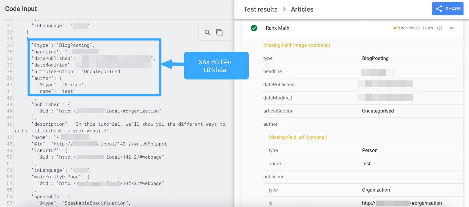 Trường keywords sẽ không còn hiển thị sau khi xóa dữ liệu từ khóa khỏi Article Schema
