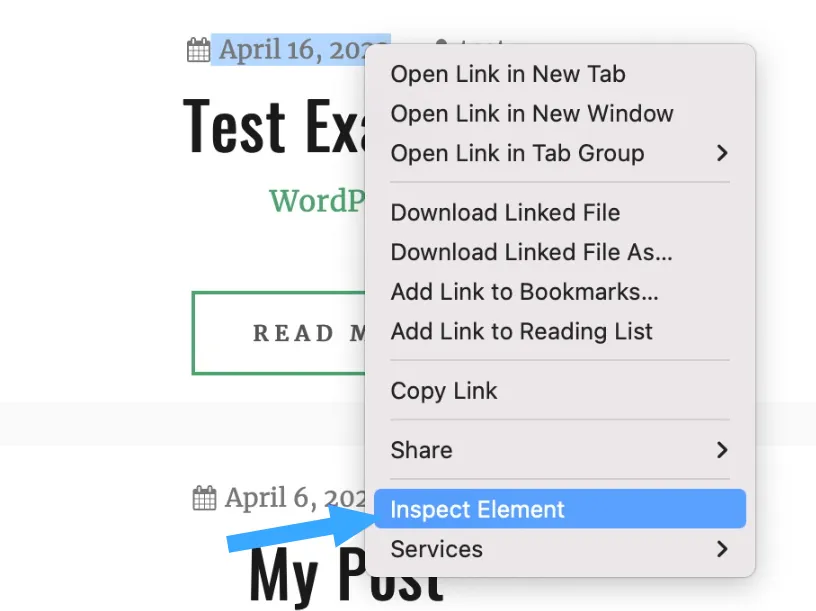 Cách xóa ngày đăng bài viết trong WordPress đơn giản nhất 37 Chọn Kiểm tra (Inspect) để mở công cụ dành cho nhà phát triển