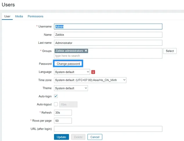 Bạn chọn Change password để bắt đầu thay đổi mật khẩu mặc định