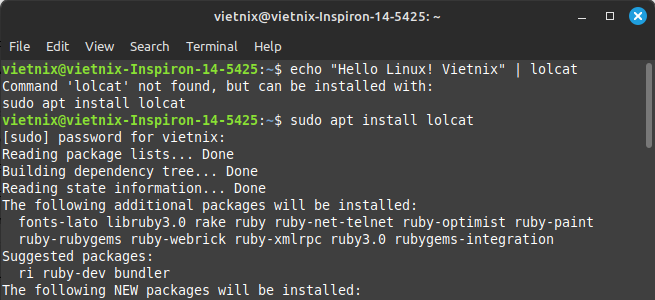 Cách cài đặt lolcat trên Linux
