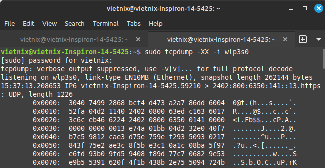 Hiển thị nội dung gói tin ở định dạng HEX và ASCII