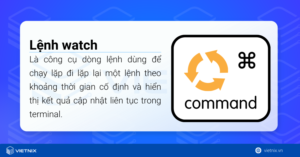 Lệnh watch trong Linux là một công cụ dòng lệnh dùng để chạy lặp đi lặp lại một lệnh theo khoảng thời gian cố định