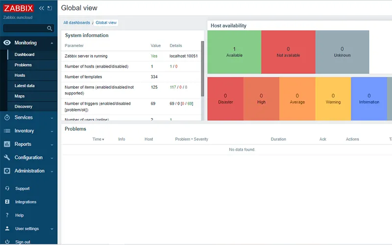 Màn hình quản lý sau khi cài đặt Zabbix thành công