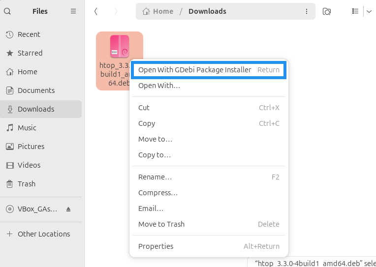 Nhấp chuột phải vào file .deb và chọn “Open with Gdebi Package Installer”