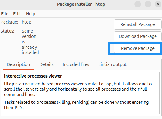 Trong GDebi, nhấn “Remove Package“ để xóa phần mềm