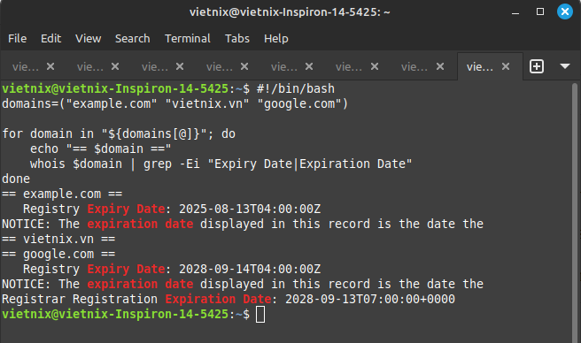 Ví dụ 6: Tự động kiểm tra Whois bằng Shell Script