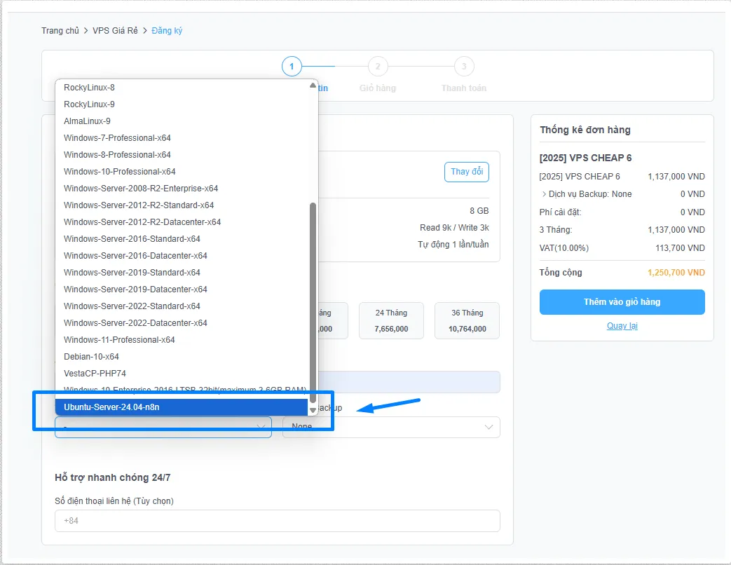 Lựa chọn template Ubuntu-Server-24.04-n8n trước khi thêm vào giỏ hàng