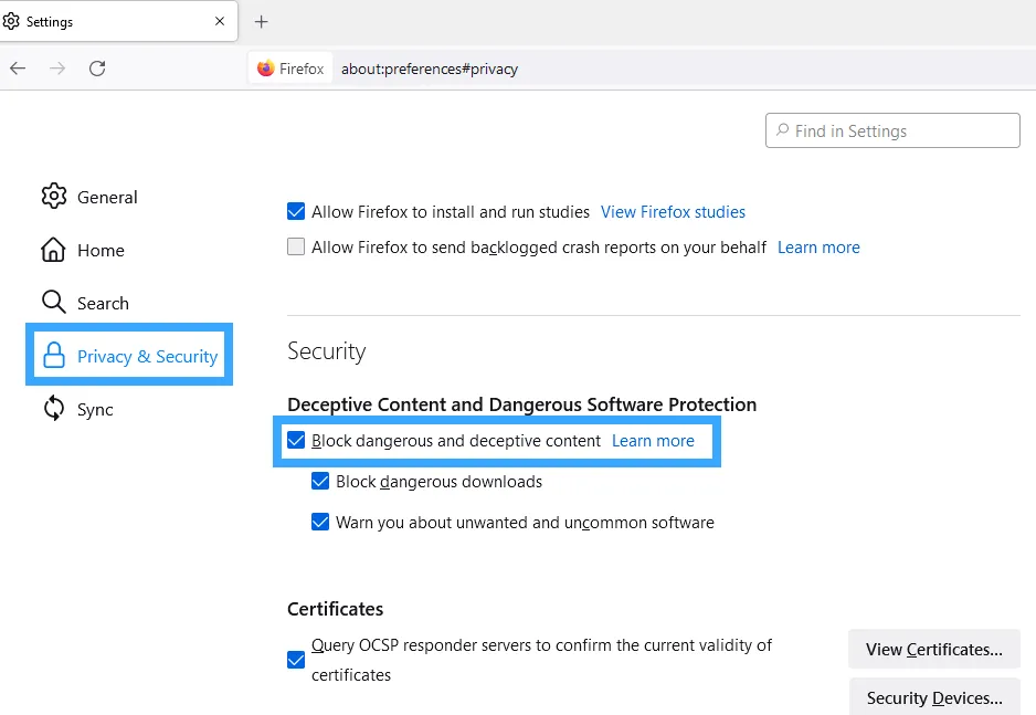Cách sửa lỗi website bị cảnh báo chứa phần mềm độc hại 38 Tắt cảnh báo website lừa đảo trên Firefox