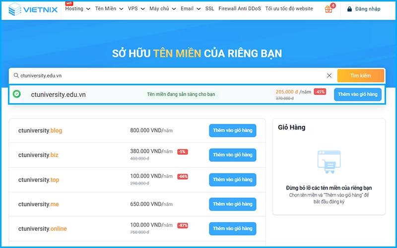 Kiểm tra tính khả dụng của tên miền .edu.vn tại Vietnix