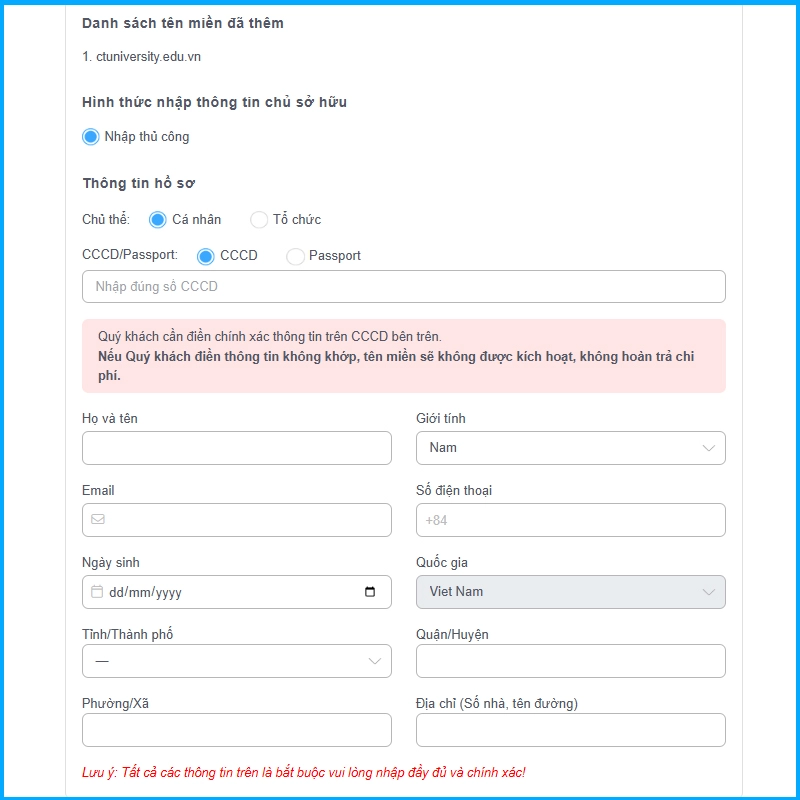 Điền thông tin đăng ký tên miền .edu.vn tại Vietnix