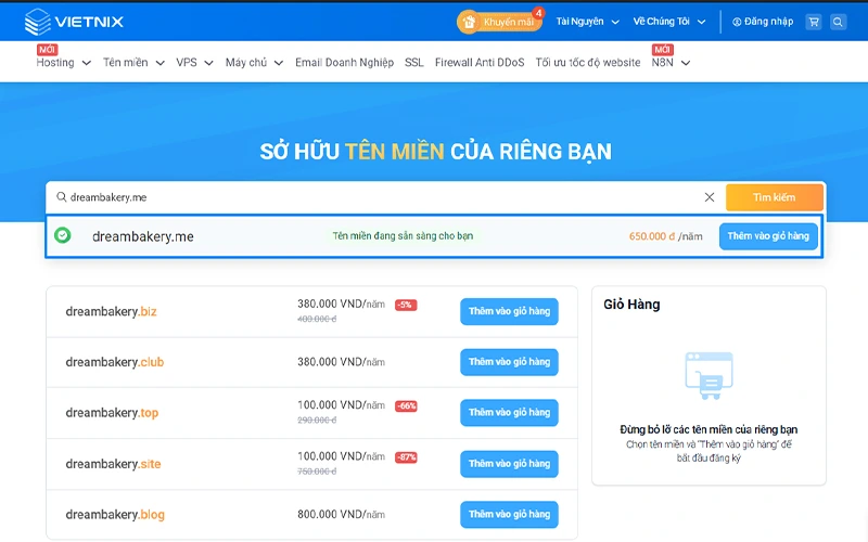Kiểm tra tên miền có thể đăng ký tại Vietnix