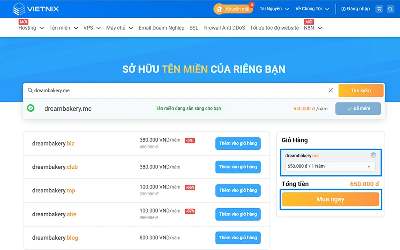 Giỏ hàng xem trước đăng ký tên miền tại Vietnix