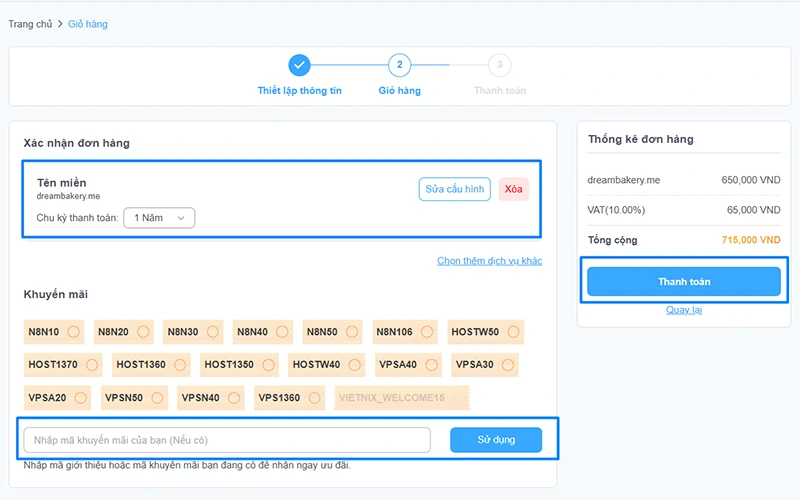 Xác nhân giỏ hàng đăng ký tên miền tại Vietnix