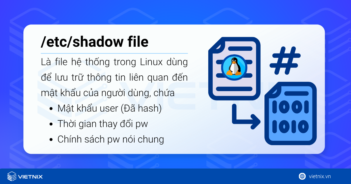 /etc/shadow là một file hệ thống trong Linux dùng để lưu trữ thông tin liên quan đến mật khẩu
