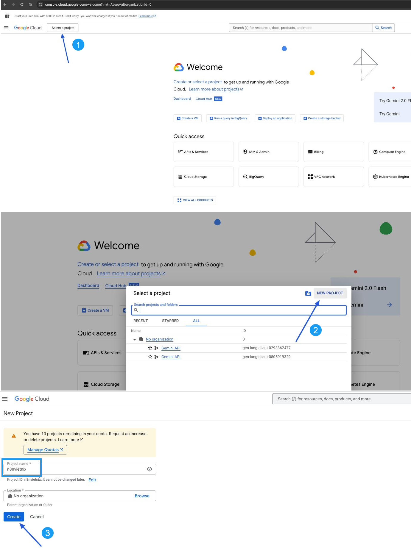Tạo dự án mới trước khi kết nối n8n đến Google Cloud APIs