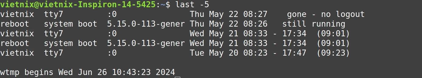 Hiển thị số lượng phiên đăng nhập nhất định với lệnh last Linux
