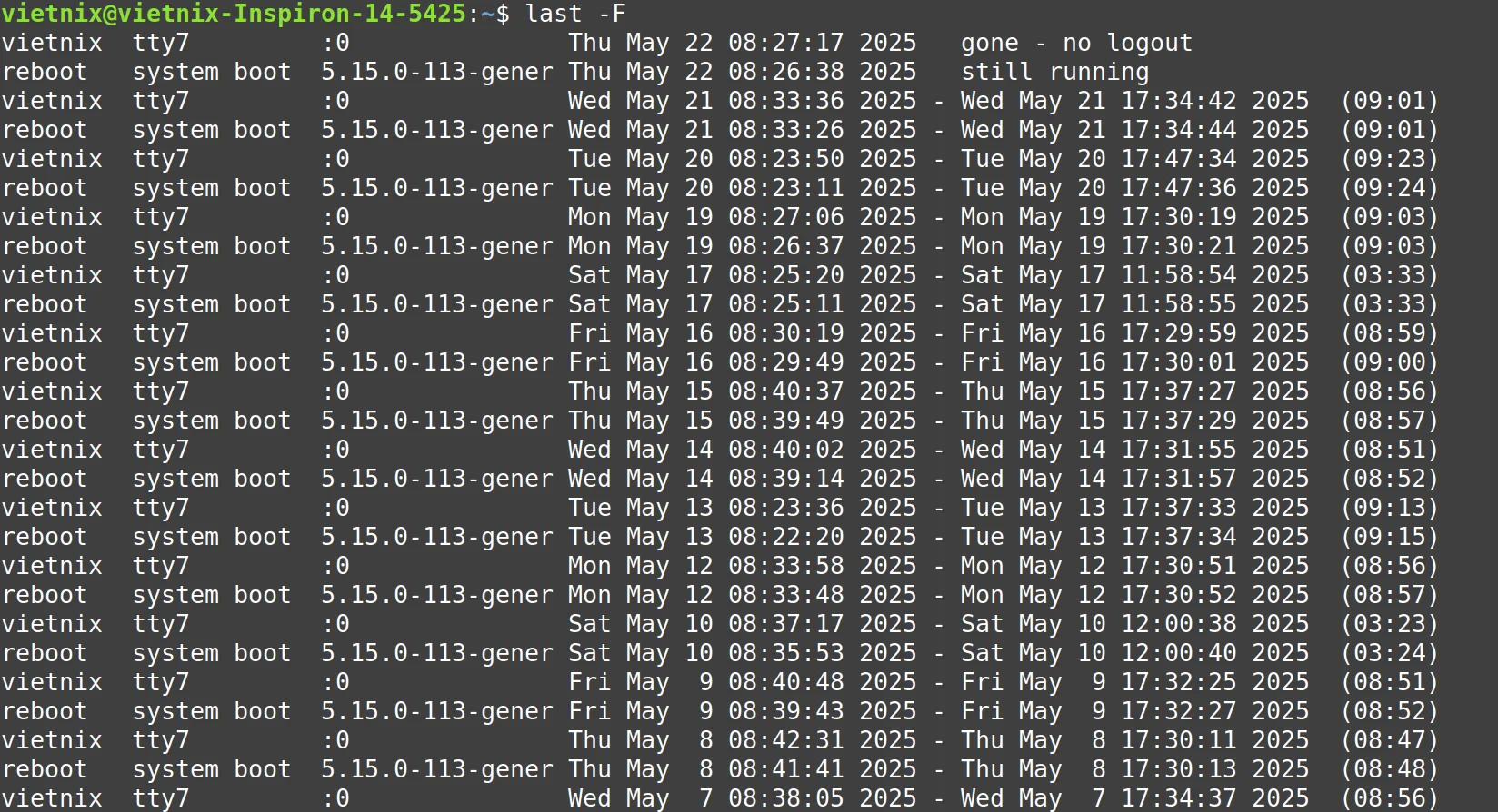 Hiển thị thời gian đăng nhập và đăng xuất kèm ngày tháng với lệnh last Linux