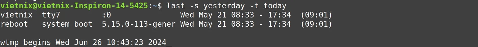 Lọc kết quả theo khoảng thời gian cụ thể với lệnh last Linux