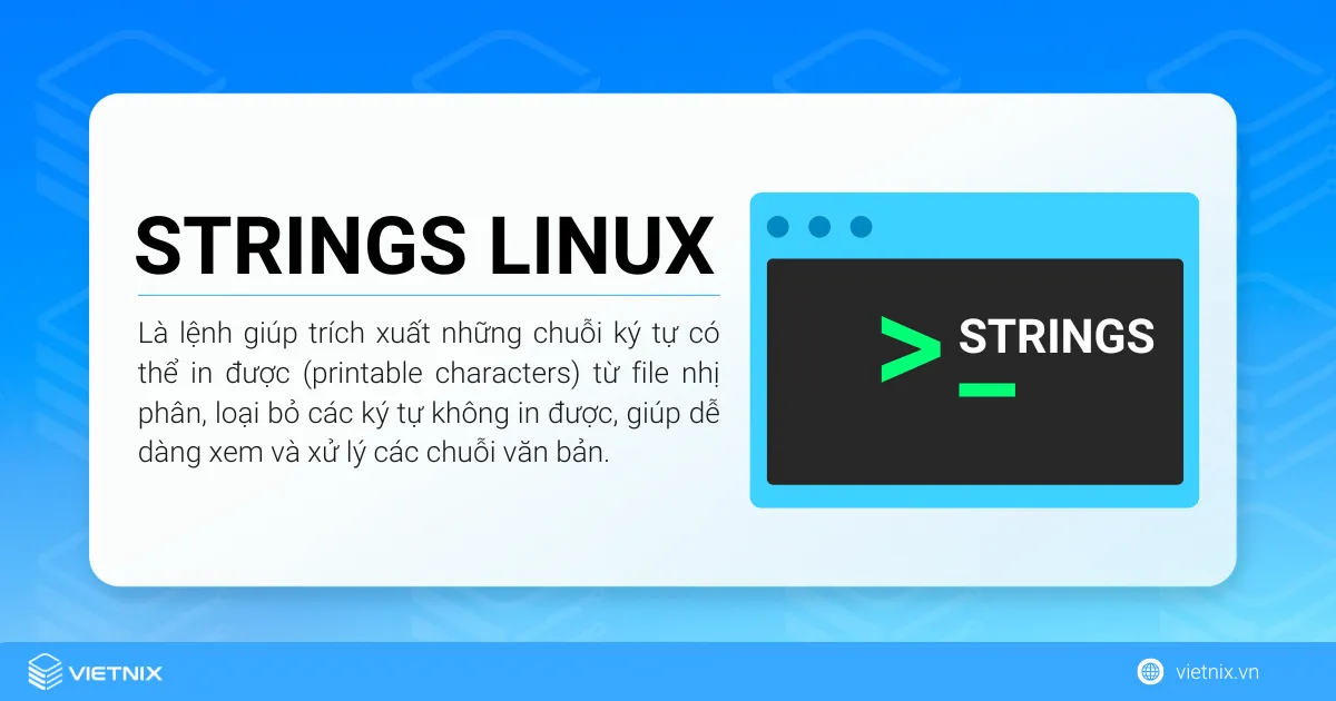 Lệnh strings Linux giúp trích xuất những chuỗi ký tự có thể in được (printable characters) từ file nhị phân