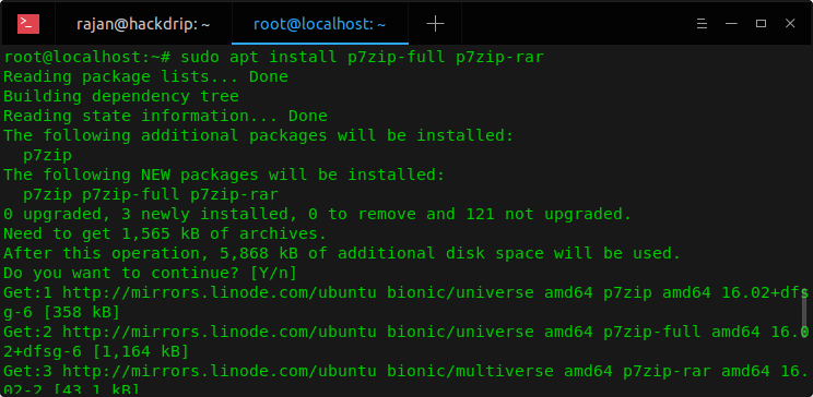 sudo apt install p7zip-full p7zip-rar