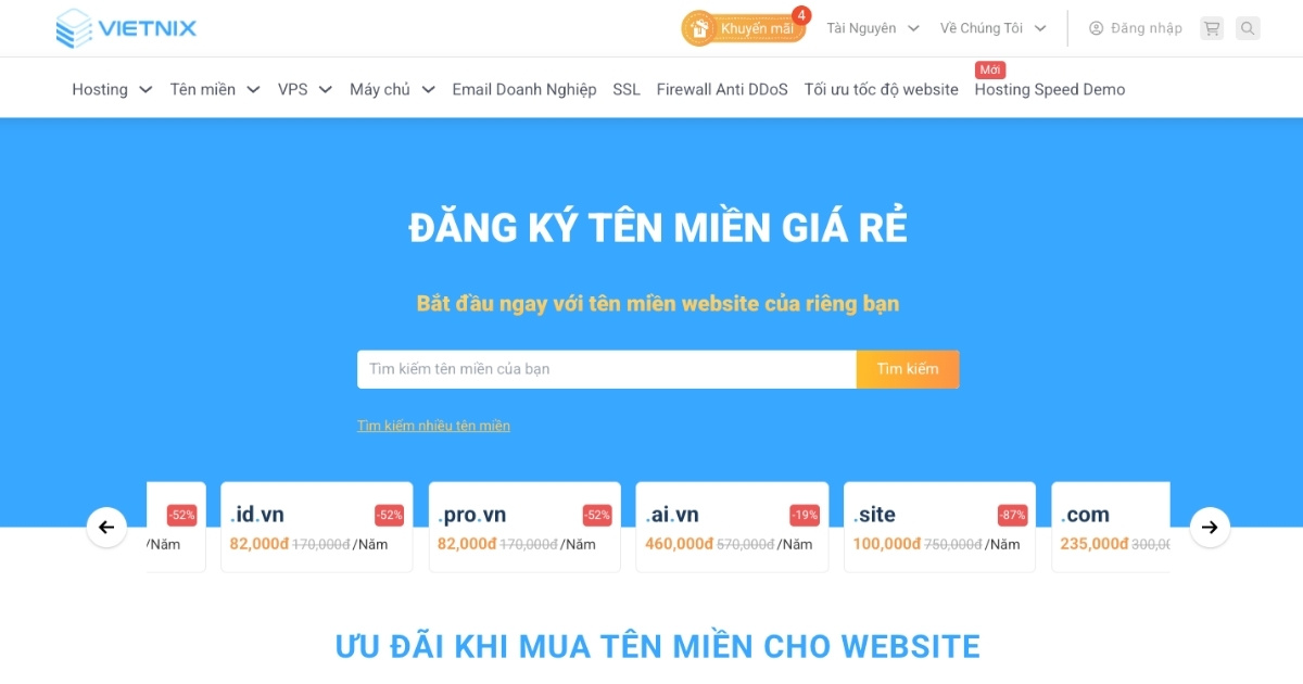 Đầu tiên, bạn hãy truy cập vào trang đăng ký tên miền của Vietnix