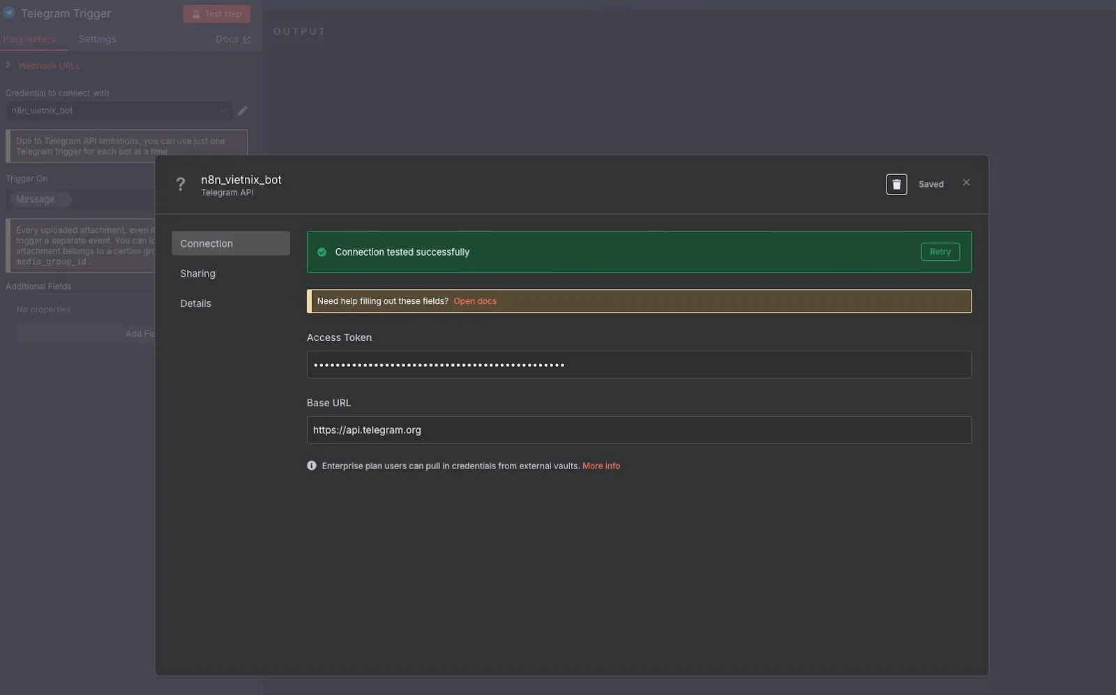 Thêm node Telegram Trigger