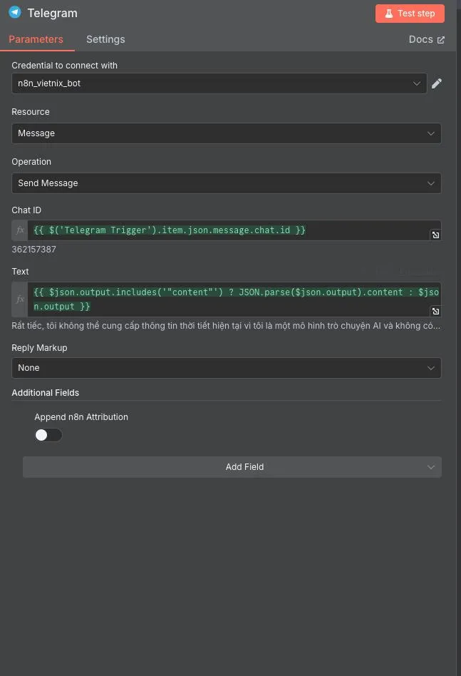 Thêm node Telegram Send Message