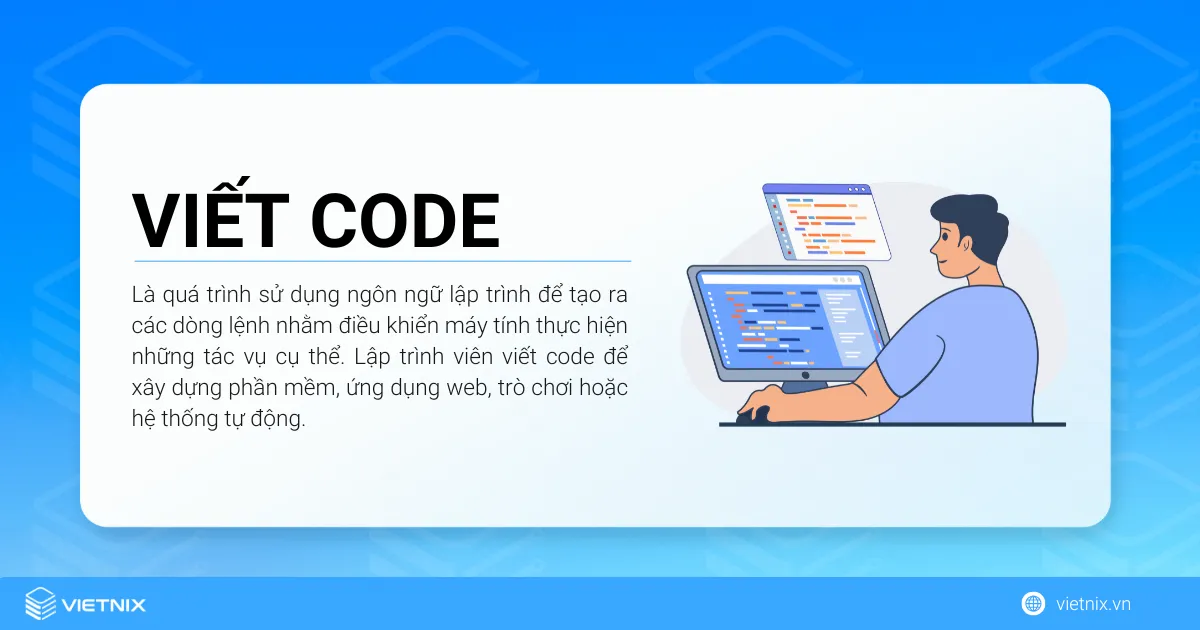 Viết code là quá trình sử dụng ngôn ngữ lập trình để tạo ra các dòng lệnh