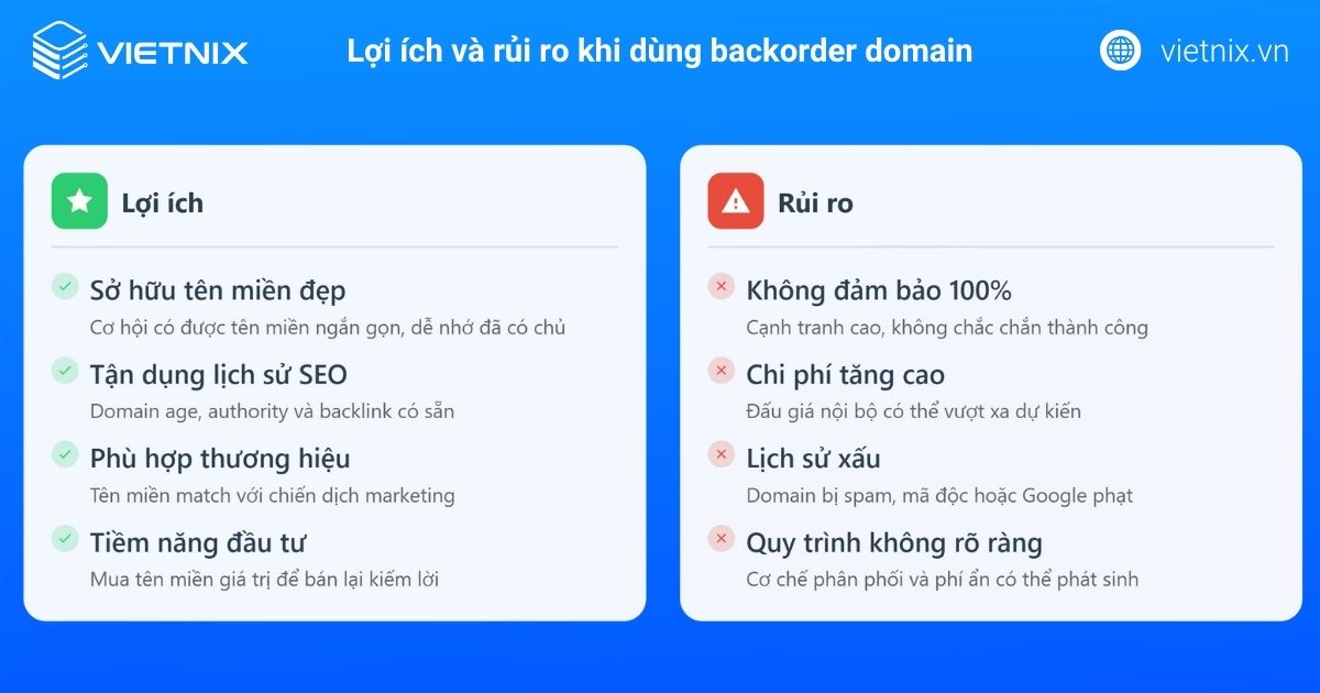 Lợi ích và rủi ro khi dùng backorder domain
