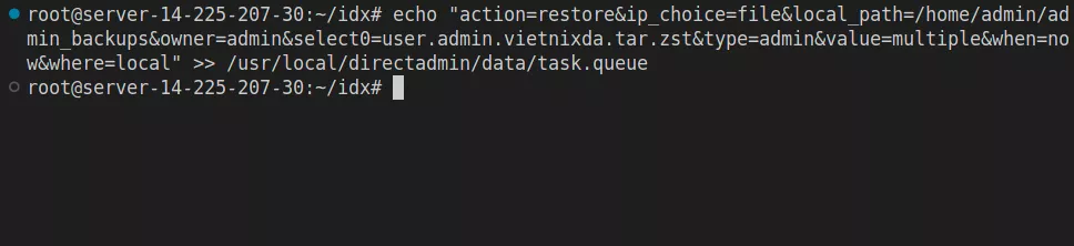 Thực hiện restore dữ liệu đã backup cho user vietnixda 
