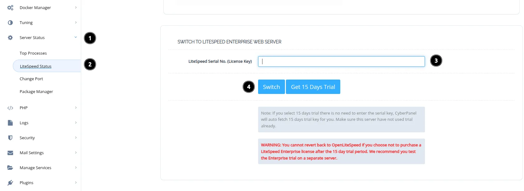 Bước 2: Kích hoạt LiteSpeed Web Server
