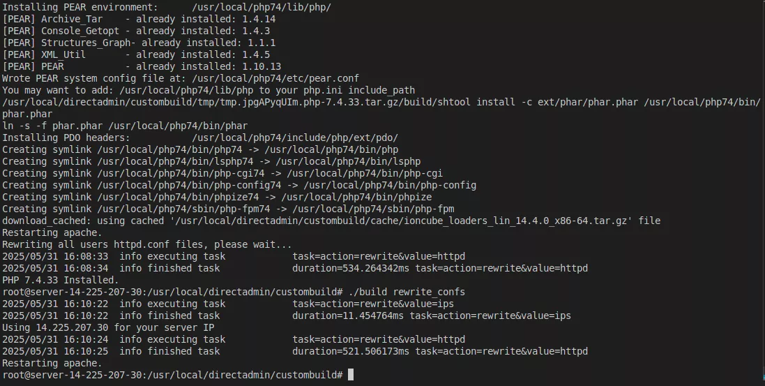 Lệnh biên dịch và cài đặt PHP thực thi thành công 