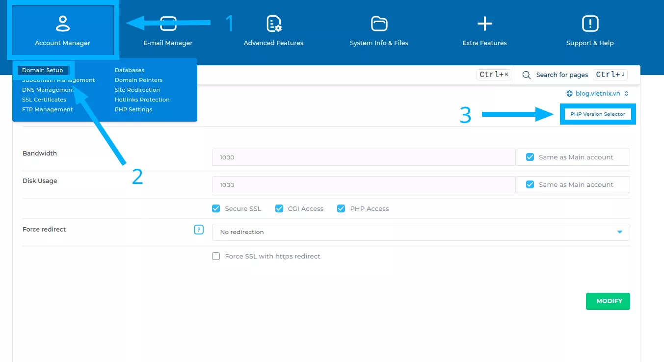 Truy cập chỉ định phiên bản PHP cho từng domain trong DirectAdmin 