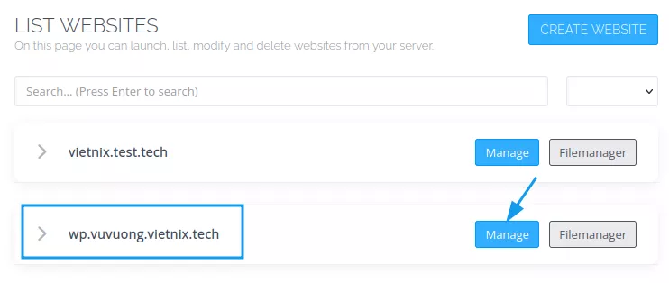 Chọn Manage tại website cần cài đặt SSL trên CyberPanel