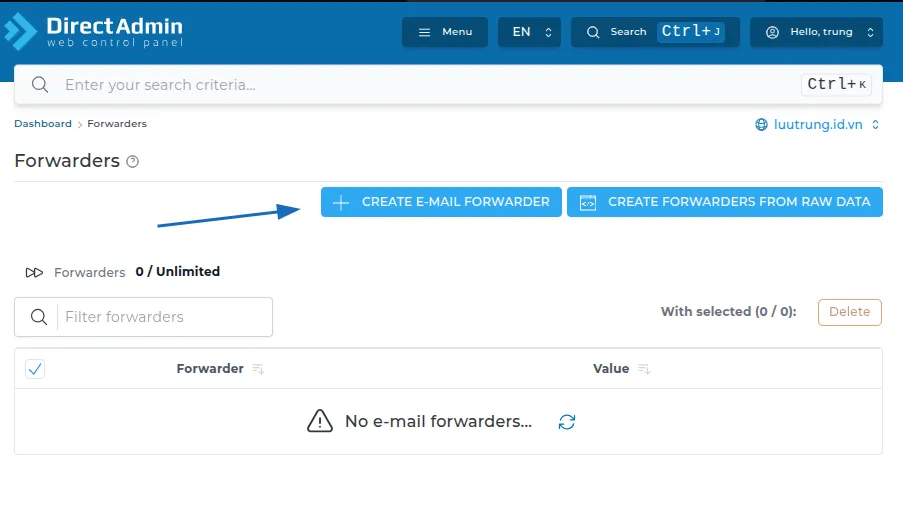 Bước 2: Cấu hình email forwarder